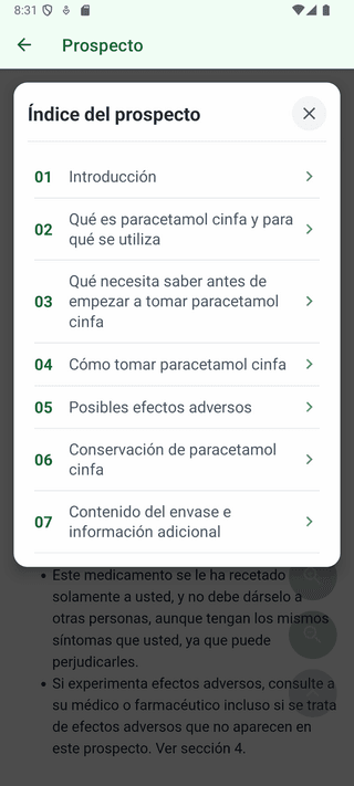 Prospecto con índice desplegable